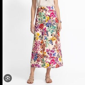 Johnny Was Cream seamed Maxi Skirt with Bright Floral Mix 100 % Linen